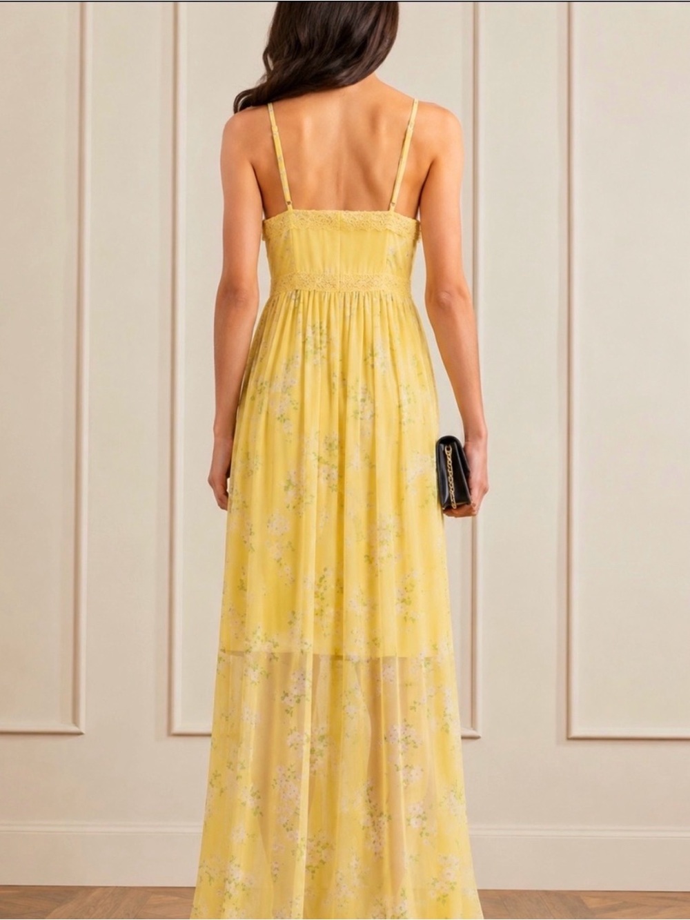 BCBG Mariposa Yellow Floral Lace Cut-Out Chiffon Maxi Dress 12 - Picture 6 of 13